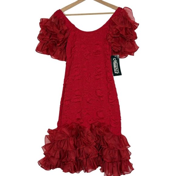 Vintage NWT Deadstock Red 80's Ruffle Sleeve Bodycon Mini Dress Size: 13 - Picture 1 of 10